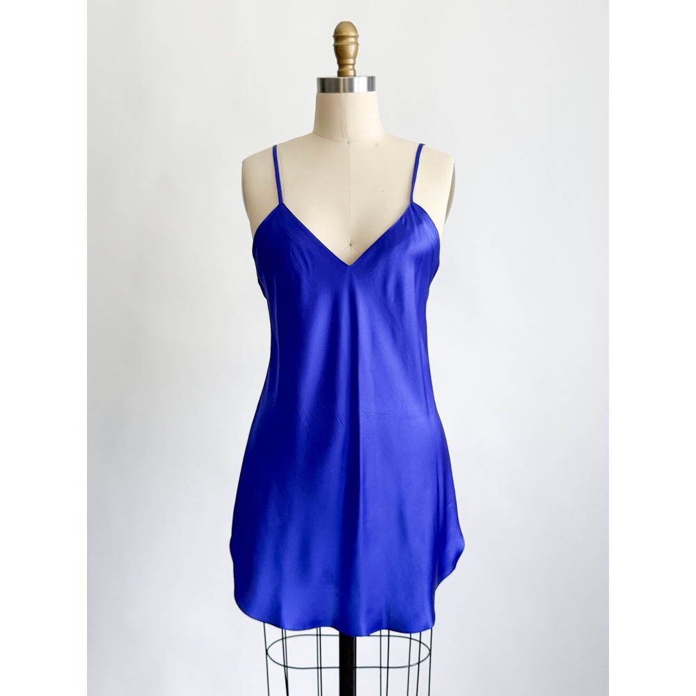 Andres Intimes Silk Chemise Nightgown Slip Lingerie M Blue V-Neck Satin‎ Strappy
